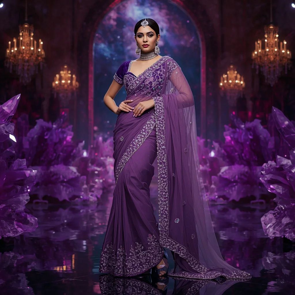 Royal Amethyst Nebula Queen Saree Couture with Violet Crystal Galaxy Citadel Background | New Instagram Trend Prompt For Girl Copy And Paste