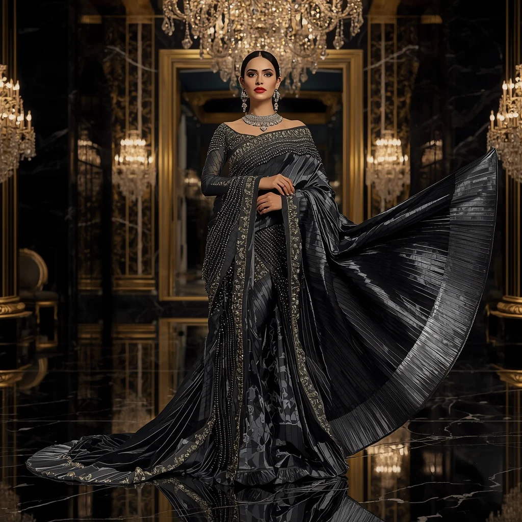Royal Black Diamond Saree with Grand Onyx Palace Ballroom | Prompt For Gemini AI Girl Style Trending Instagram