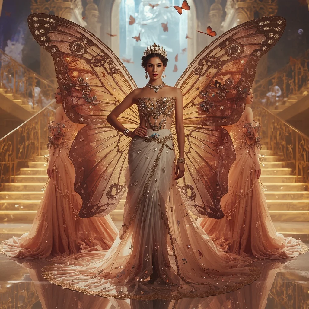 Royal Butterfly Throne Saree Pose Evolution with Crystal Empire Background | Ai Photo Prompt