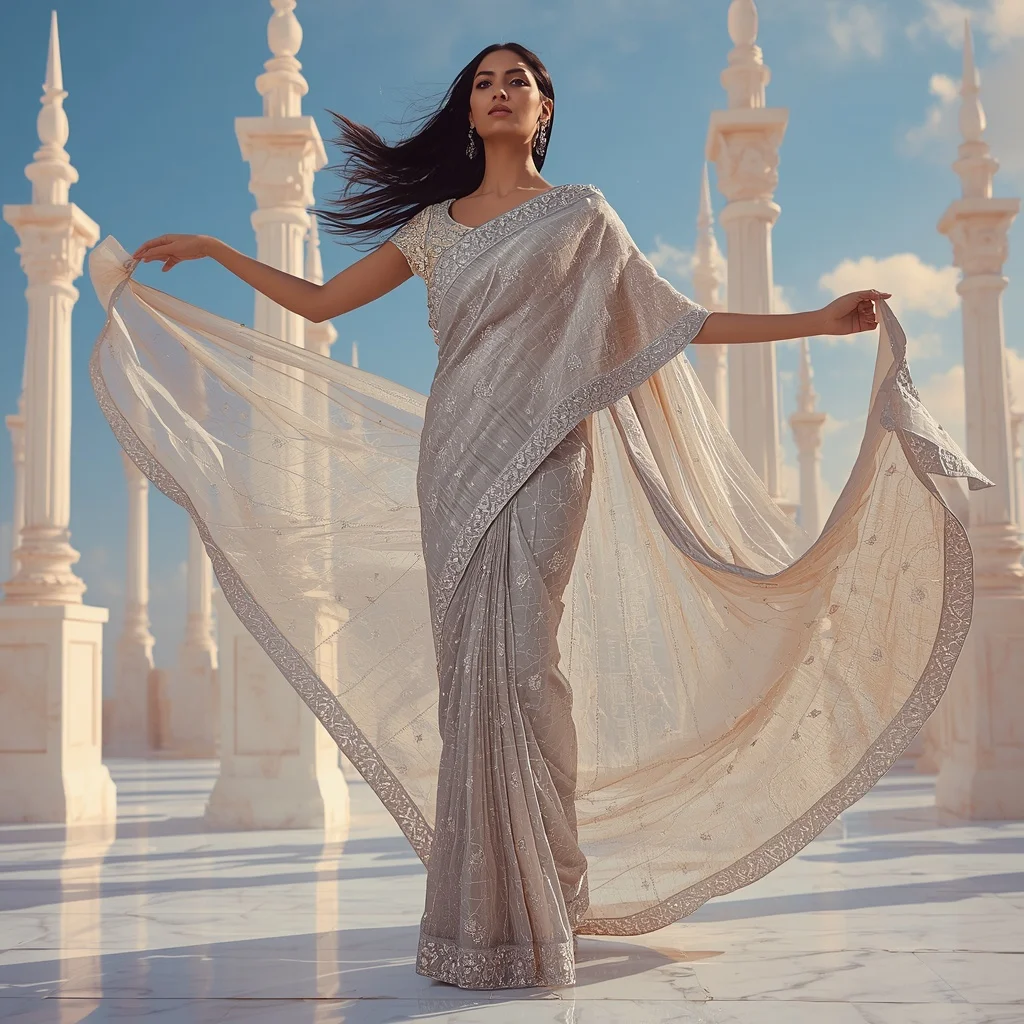 Royal Celestial Prism Dominion Saree – Ultra Premium Festival Saree with Floating Dominion Pose and Prism Dominion Sky Palace Background | Female Model Ai Prompt