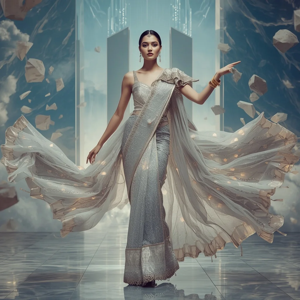 Royal Celestial Zenith Matrix Saree – Ultra Premium Festival Saree with Zenith Matrix Float Pose and Crystal Matrix Sky Palace Background | ChatGPT Photo Editing Prompts For Girl