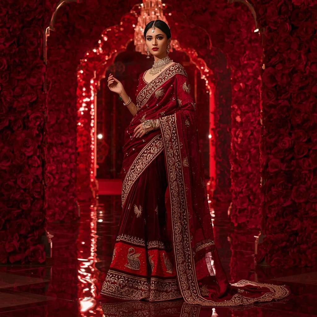 Royal Crimson Crystal Swan Saree Fashion with Ruby Mirror Palace Background | ChatGPT Photo Editing Prompts For Girl
