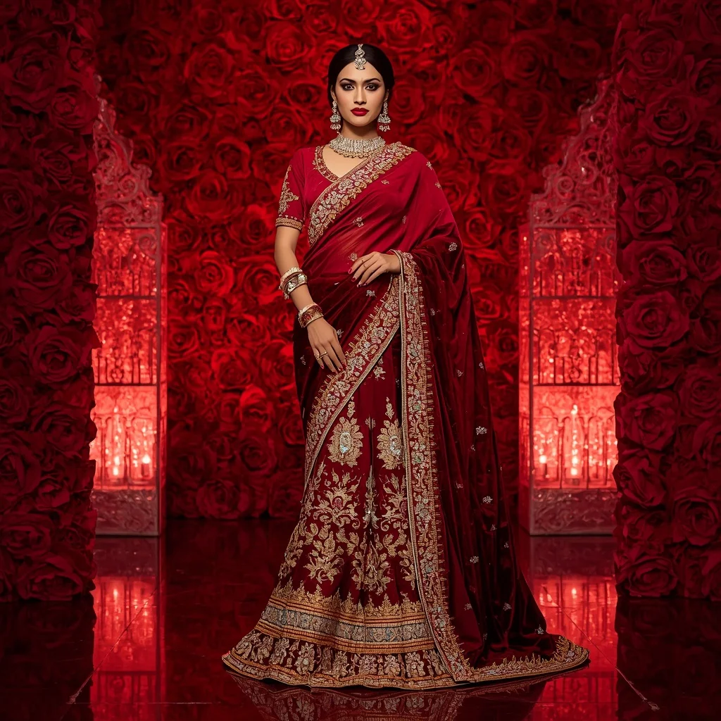 Royal Crimson Rose Empress Saree Fashion with Ruby Floral Fortress Background | Prompt Generator
