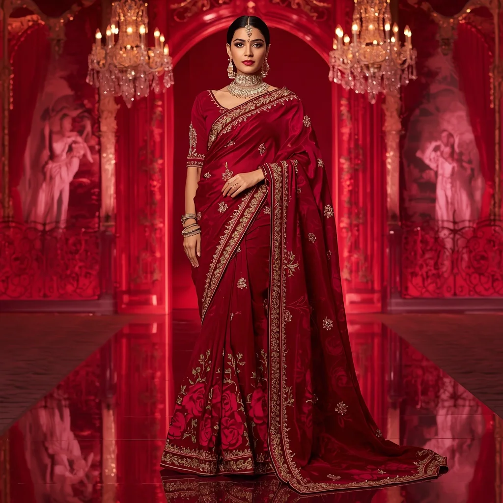 Royal Crimson Rose Palace Saree Fashion with Ruby Crystal Castle Background | Flux Ai Prompt