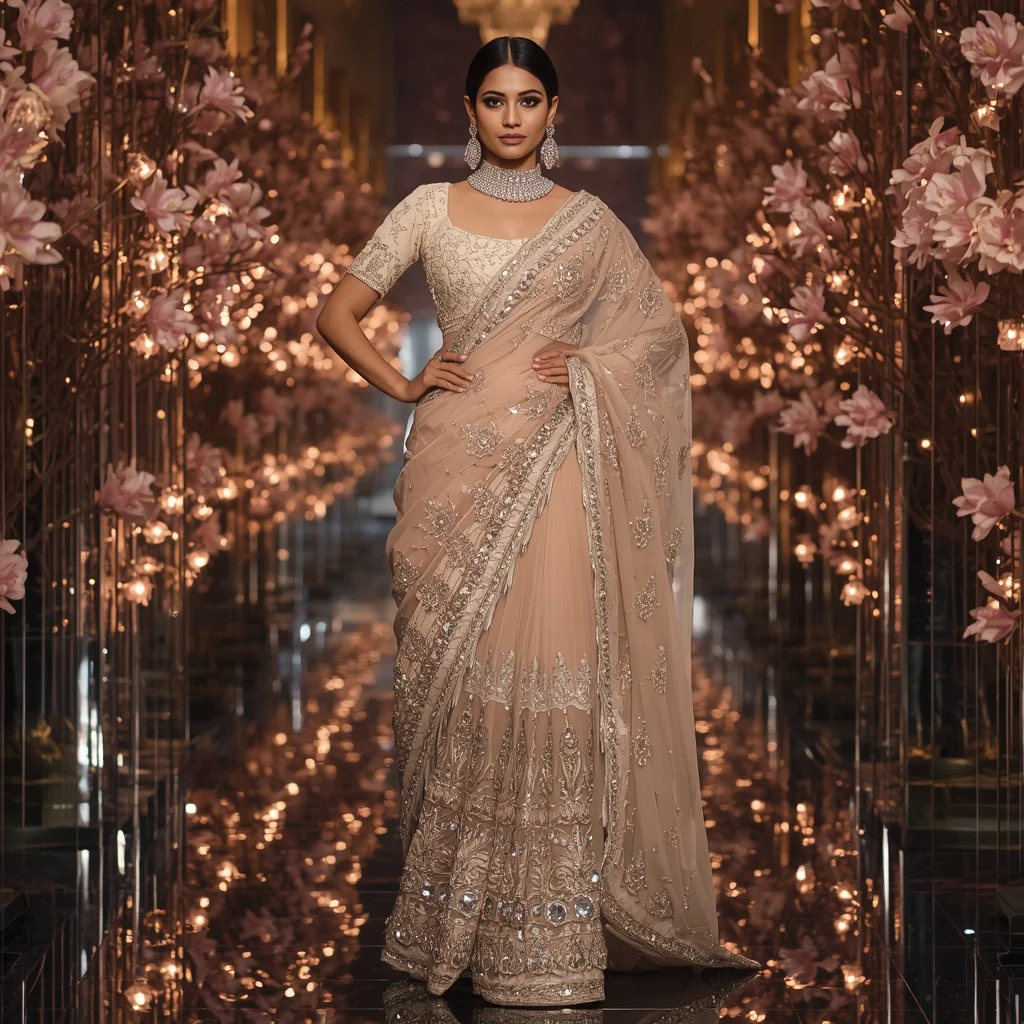 Royal Diamond Magnolia Empress Saree Fashion with Luxury Crystal Blossom Hall Background | Anime Ai Prompt