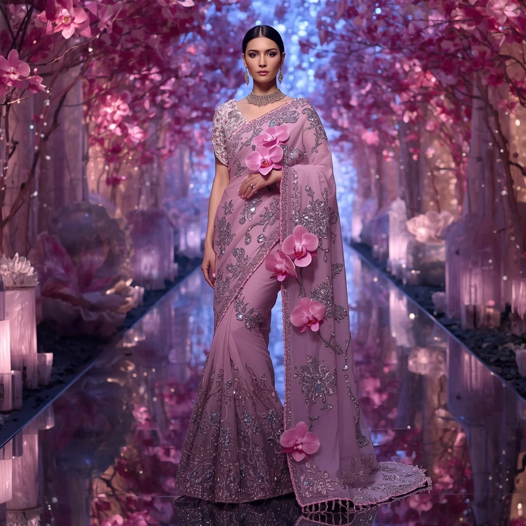 Royal Diamond Orchid Queen Saree Fashion with Luxury Crystal Blossom Citadel Background | Image To Prompt