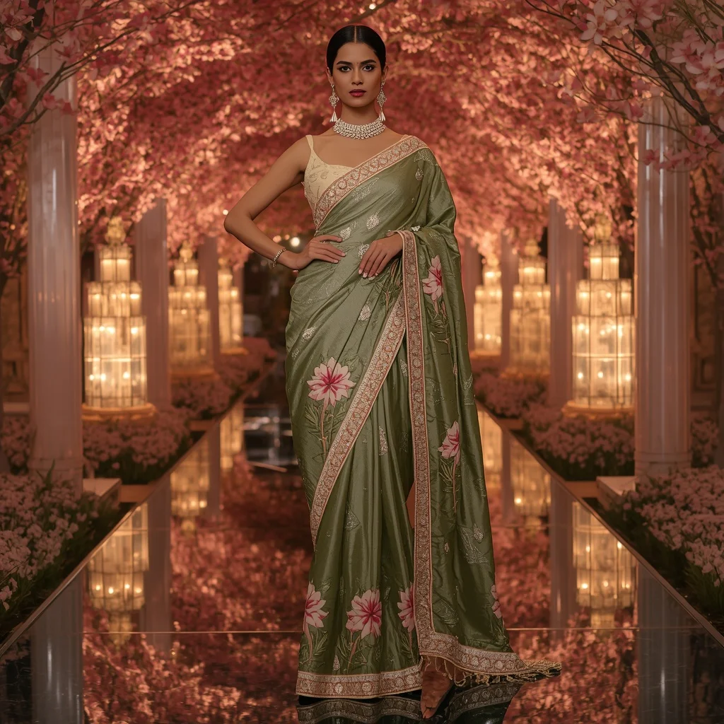 Royal Diamond Water Lily Saree with Luxury Crystal Blossom Pavilion Background | Saree Ai Prompt