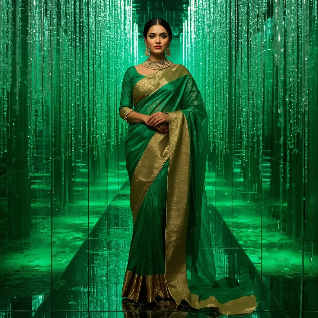 Royal Emerald Cascade Saree with Neon Water Architecture | Ai New Prompt Generator