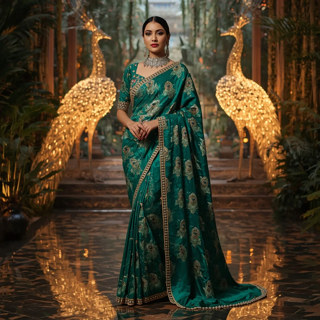 Royal Emerald Jungle Peacock Saree Fashion with Crystal Rainforest Palace Background | Trending Prompt Girls ChatGPT