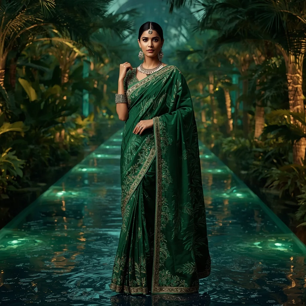 Royal Emerald Palm Paradise Saree Fashion with Tropical Crystal Lagoon Background | Trending Prompts For Instagram For Girl