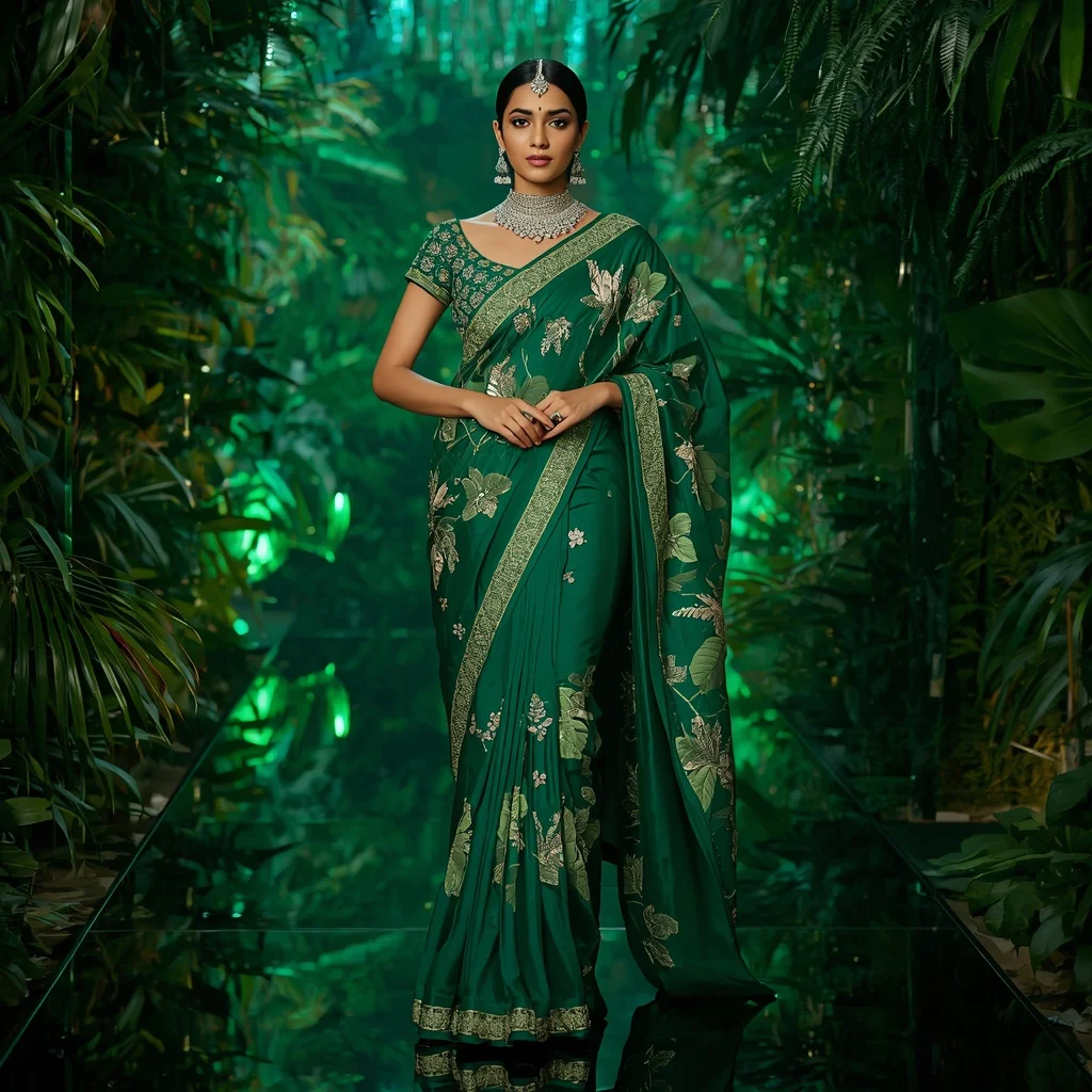 Royal Emerald Rainforest Goddess Saree Fashion with Luxury Crystal Jungle Walkway Background | Cute Ai Prompt