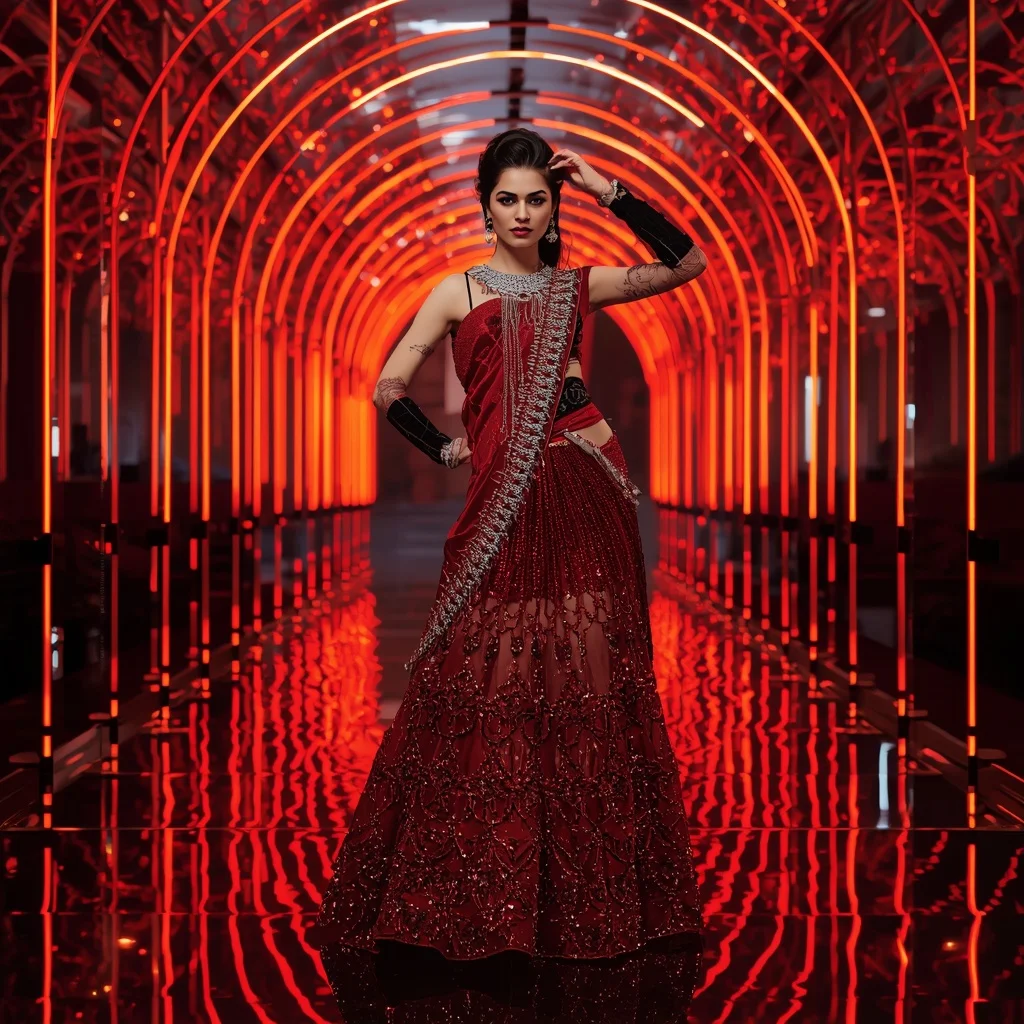 Royal Ruby Eclipse Fantasy Saree with Neon Arc Reflection Hall | Attitude Girl Prompt