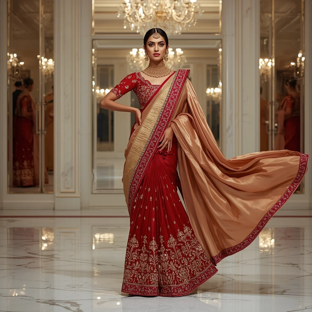 Royal Ruby Empress Saree with Grand Mirror Ballroom | Prompt Seen Girl Photo Editing Chatgpt Aesthetic