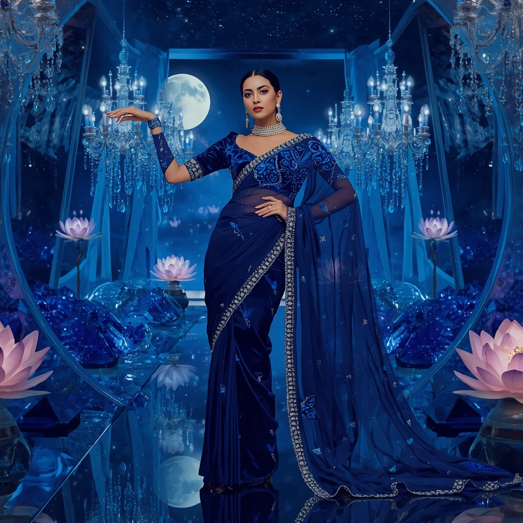 Royal Sapphire Butterfly Saree Fashion with Crystal Lotus Mirror Universe Background | Copy Paste Ai Prompt