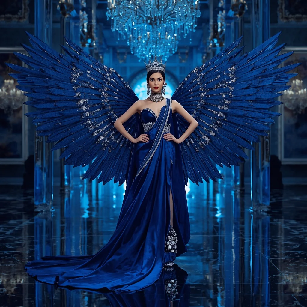 Royal Sapphire Crown Wing Saree with Blue Crystal Palace | Fantasy Ai Prompt
