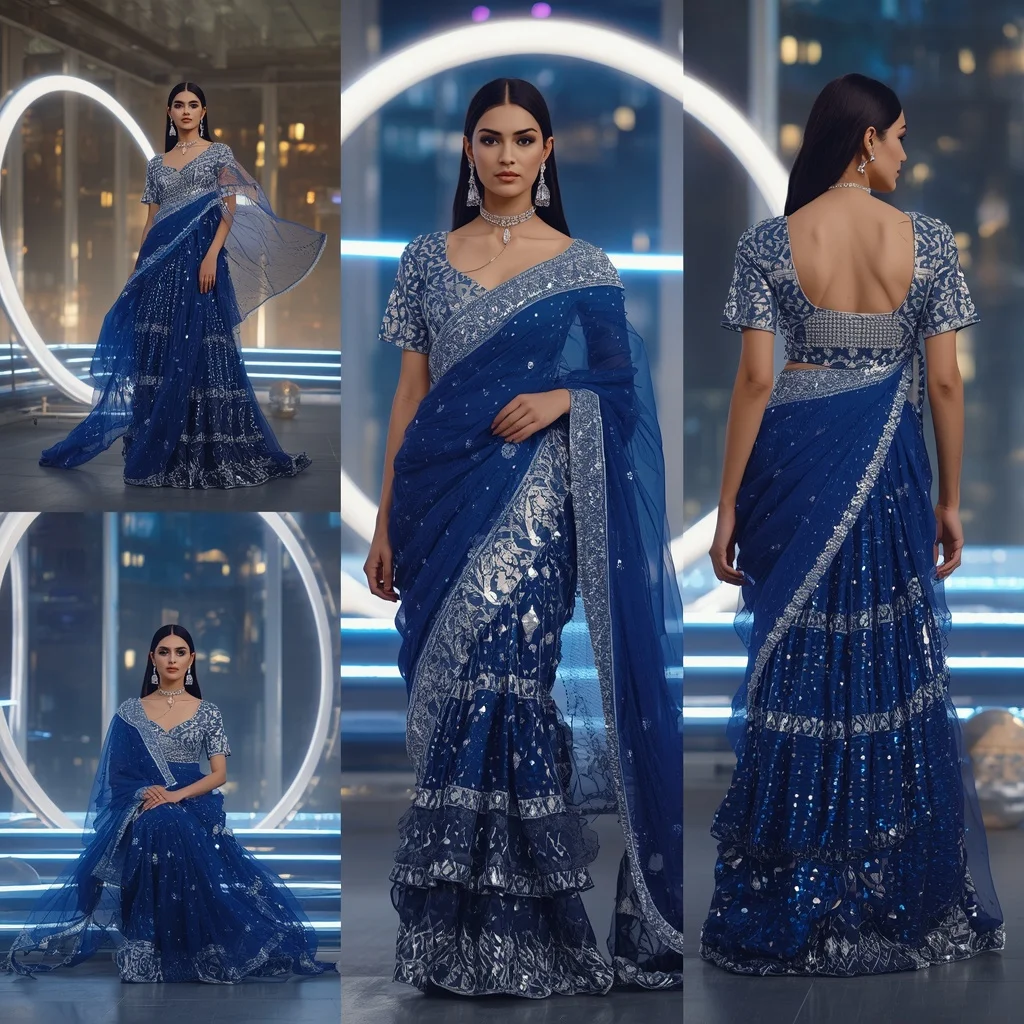Royal Sapphire Illusion Saree with Floating Halo Rings | Selfie Prompt