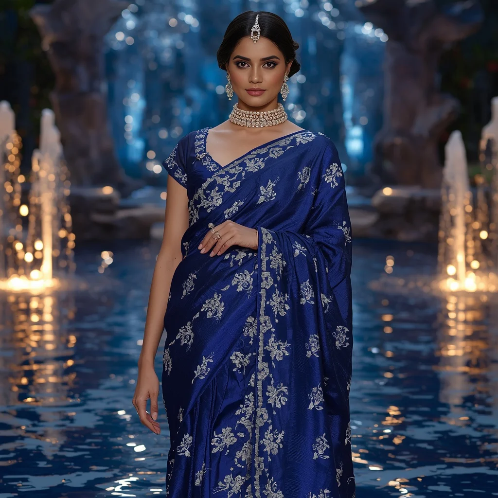 Royal Sapphire Ocean Blossom Saree Fashion with Crystal Lagoon Garden Background | Prompt Seen Girl Photo Editing ChatGPT