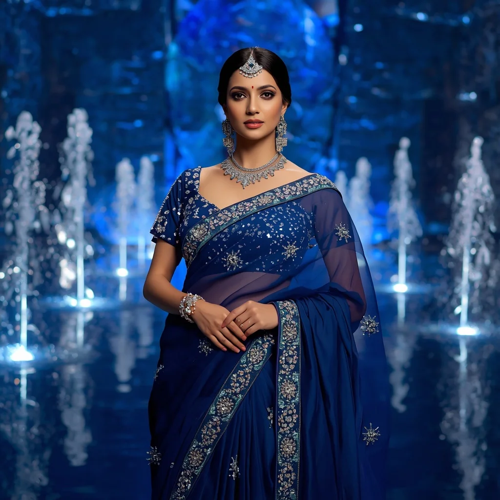 Royal Sapphire Ocean Jewel Saree Fashion with Crystal Waterfall Palace Background | Prompt For Traditional Look For Girl Chatgpt Instagram