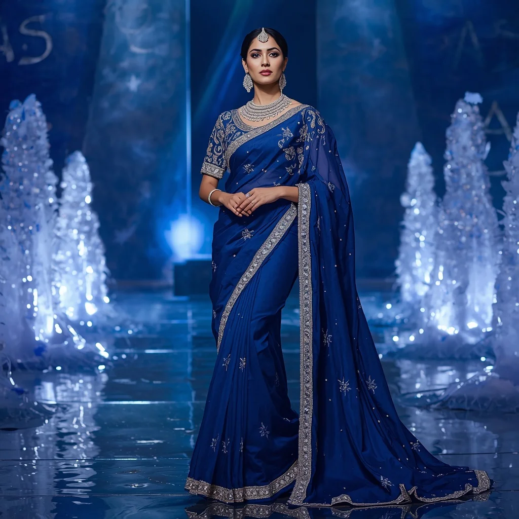 Royal Sapphire Ocean Queen Saree Fashion with Crystal Wave Fortress Background | New Instagram Trend Prompt For Girl