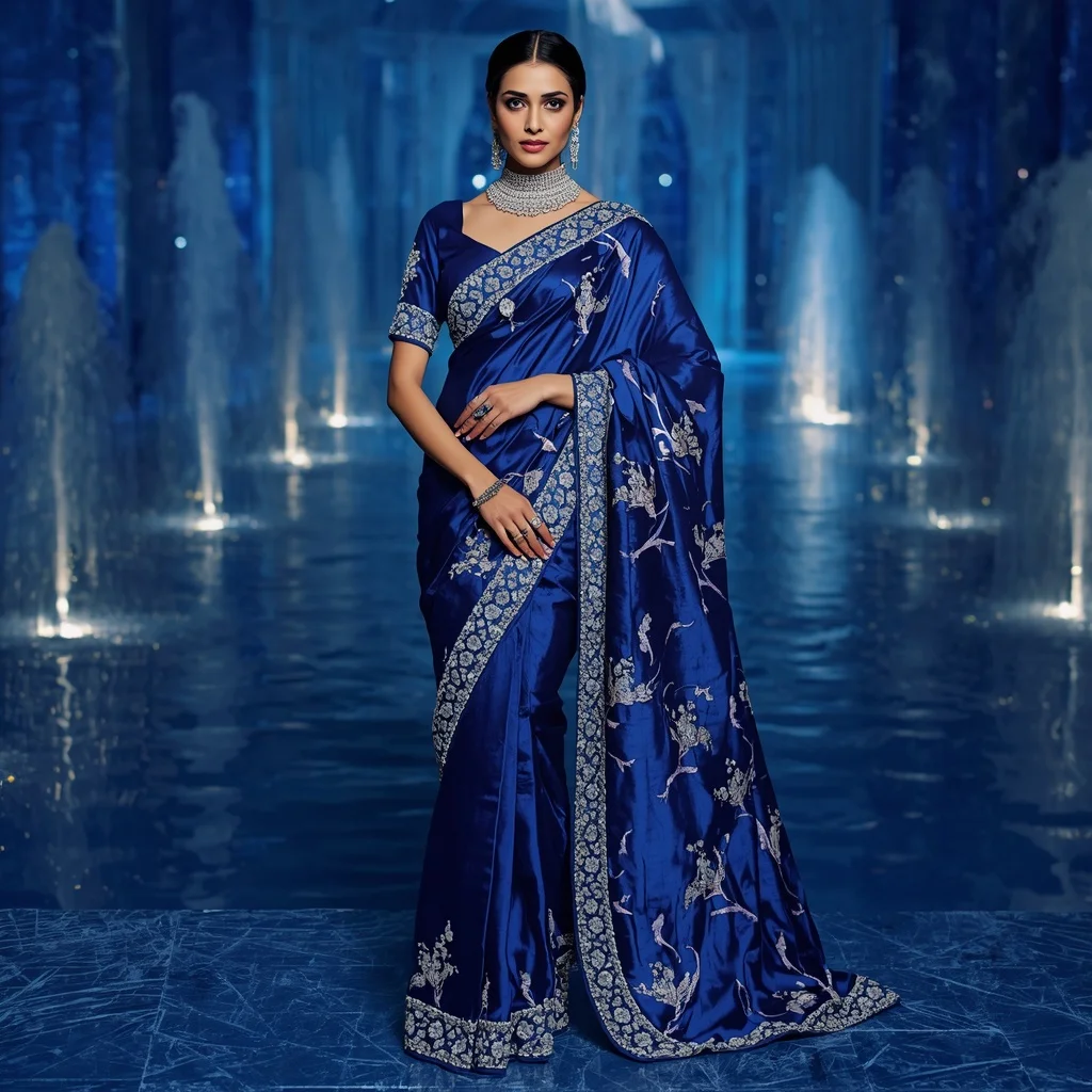 Royal Sapphire Water Lily Saree Fashion with Crystal Lagoon Palace Background | Image Prompt