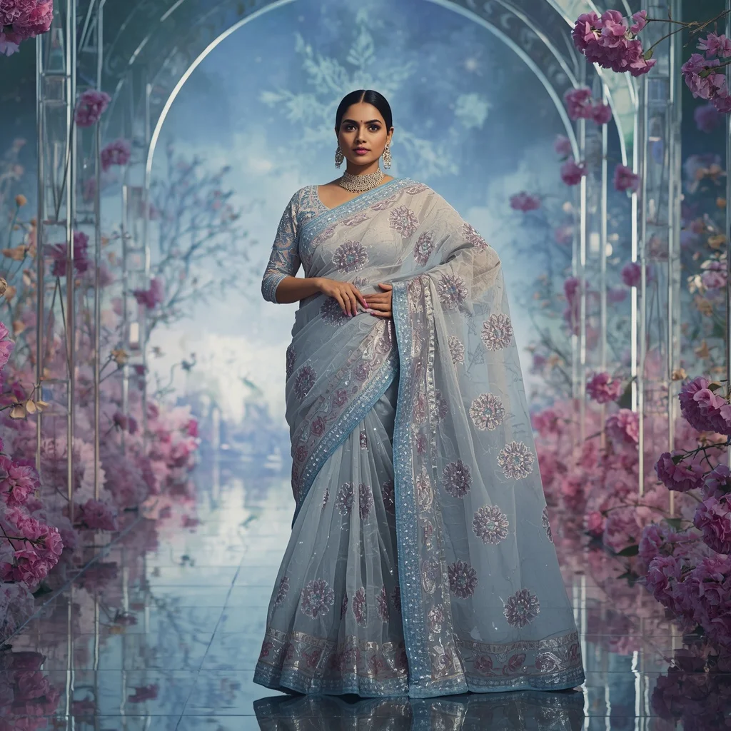 Royal Silver Aurora Blossom Saree Couture with Celestial Crystal Sky Garden Background | Cute Girl Ai Prompt