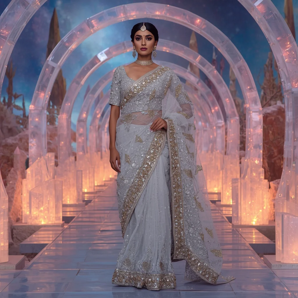 Royal Silver Aurora Queen Saree Couture with Celestial Crystal Skywalk Background | Ai Prompt For Instagram