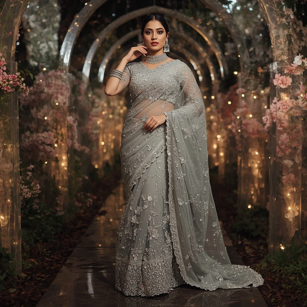 Royal Silver Celestial Bloom Saree Couture with Starlight Crystal Garden Background | Prompt For Traditional Look On Instagram