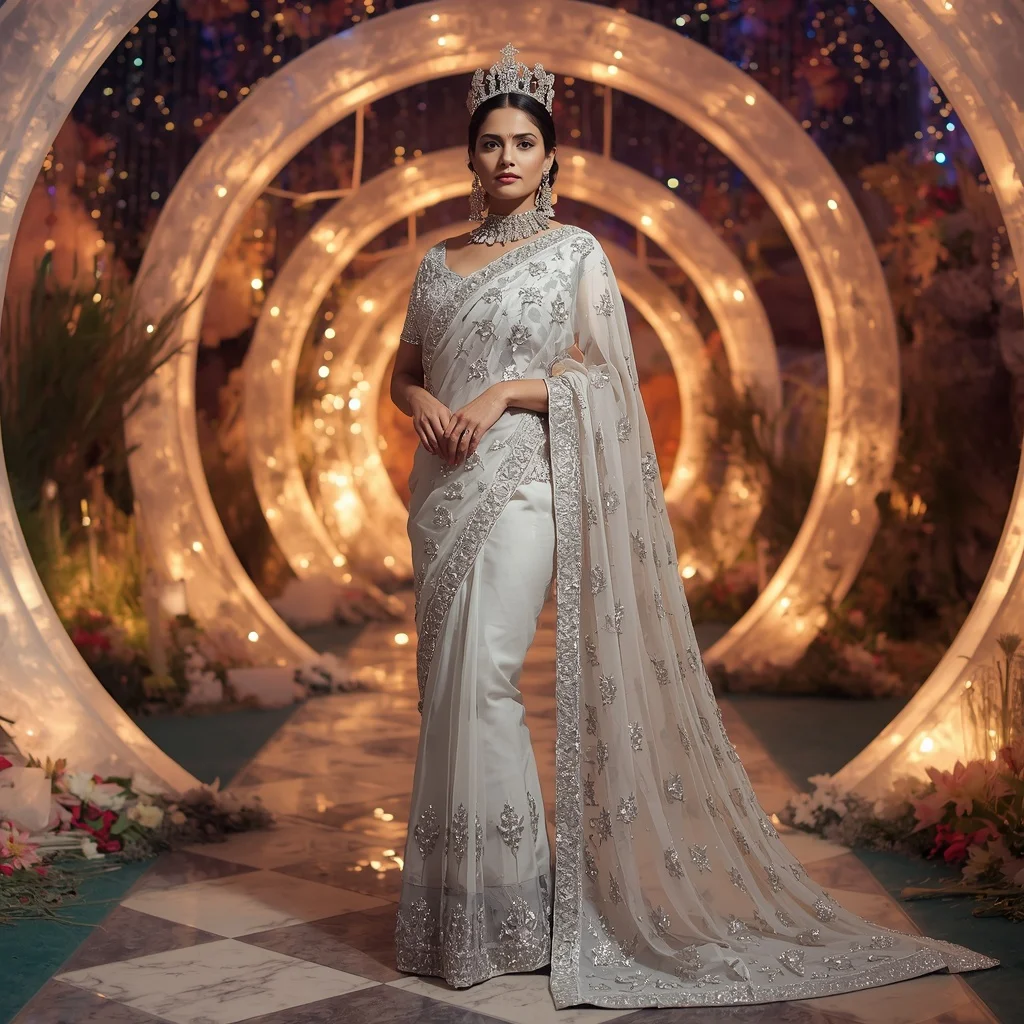 Royal Silver Moon Crown Saree Couture with Celestial Crystal Paradise Background | Trending Prompt Girls Traditional