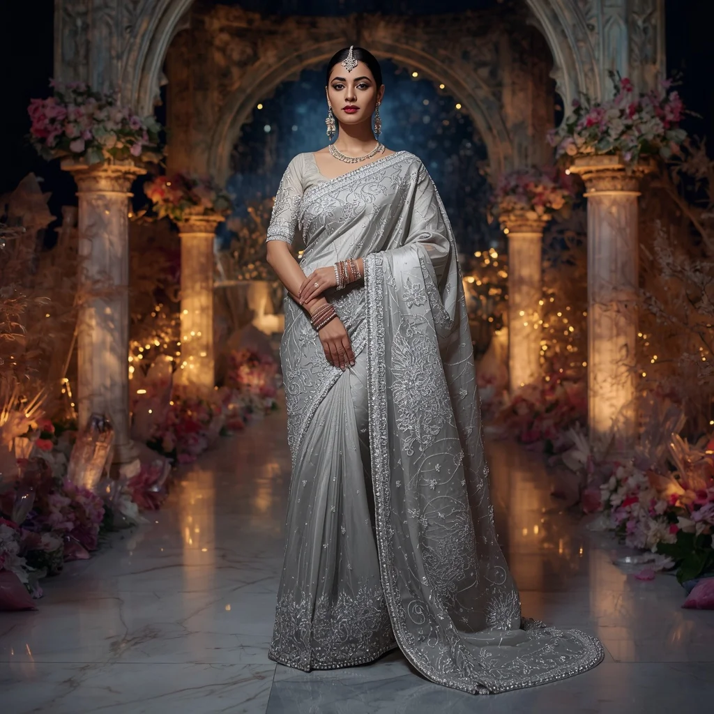 Royal Silver Starlight Empress Saree Couture with Celestial Crystal Terrace Background | Luxury Ai Prompt