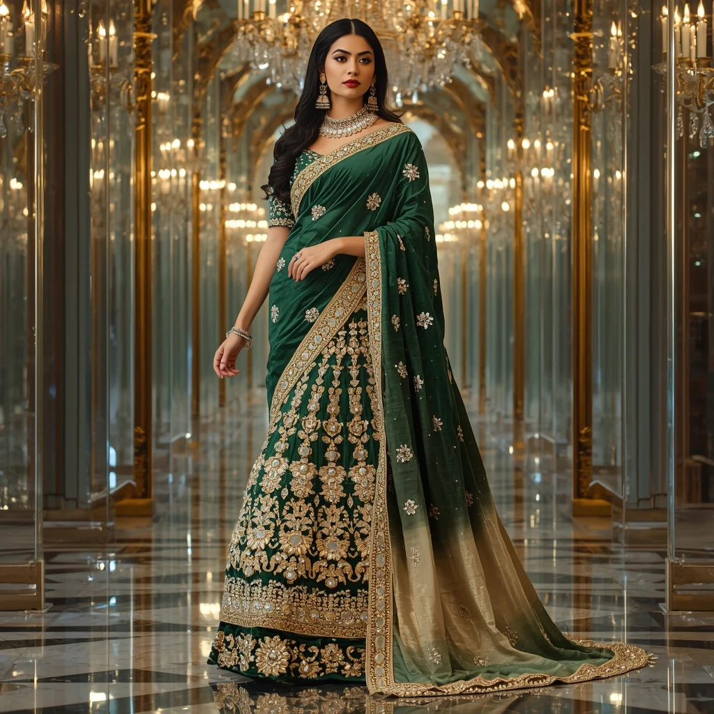 Royal Velvet Emerald Crown Palace Saree with Crystal Maharani Empire | Prompt Seen Girl Photo Editing Chatgpt Download
