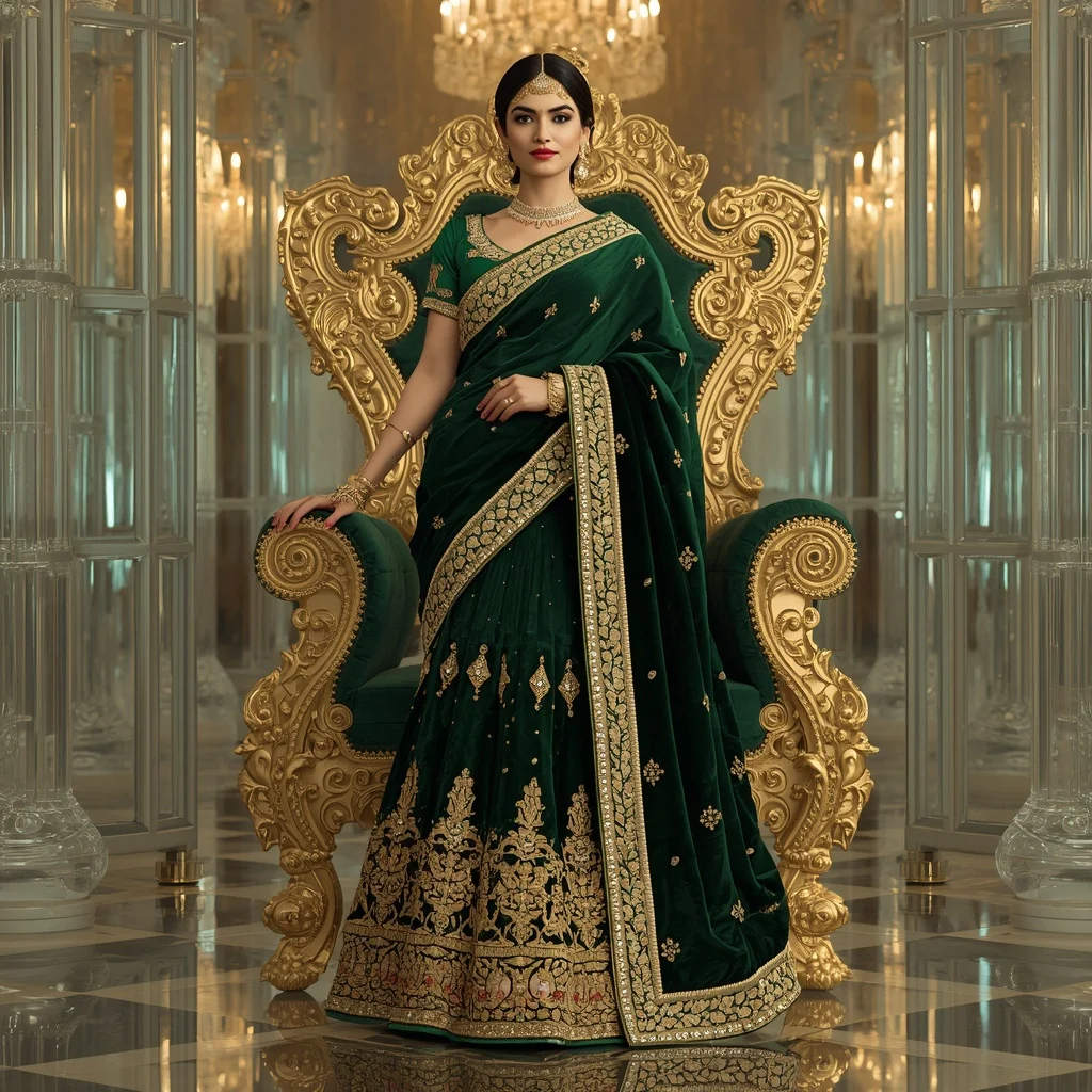 Royal Velvet Emerald Throne Saree with Crystal Maharani Palace | Woman Pose Ai Prompt
