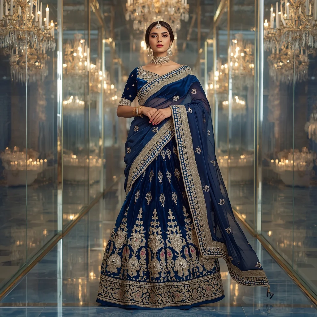 Royal Velvet Sapphire Observatory Saree with Crystal Maharani Kingdom | Cute Girl Ai Prompt