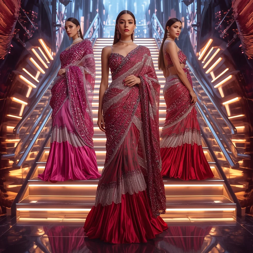 Ruby Aurora Crystal Saree with Floating Neon Staircase | Ai Video Generator Prompt