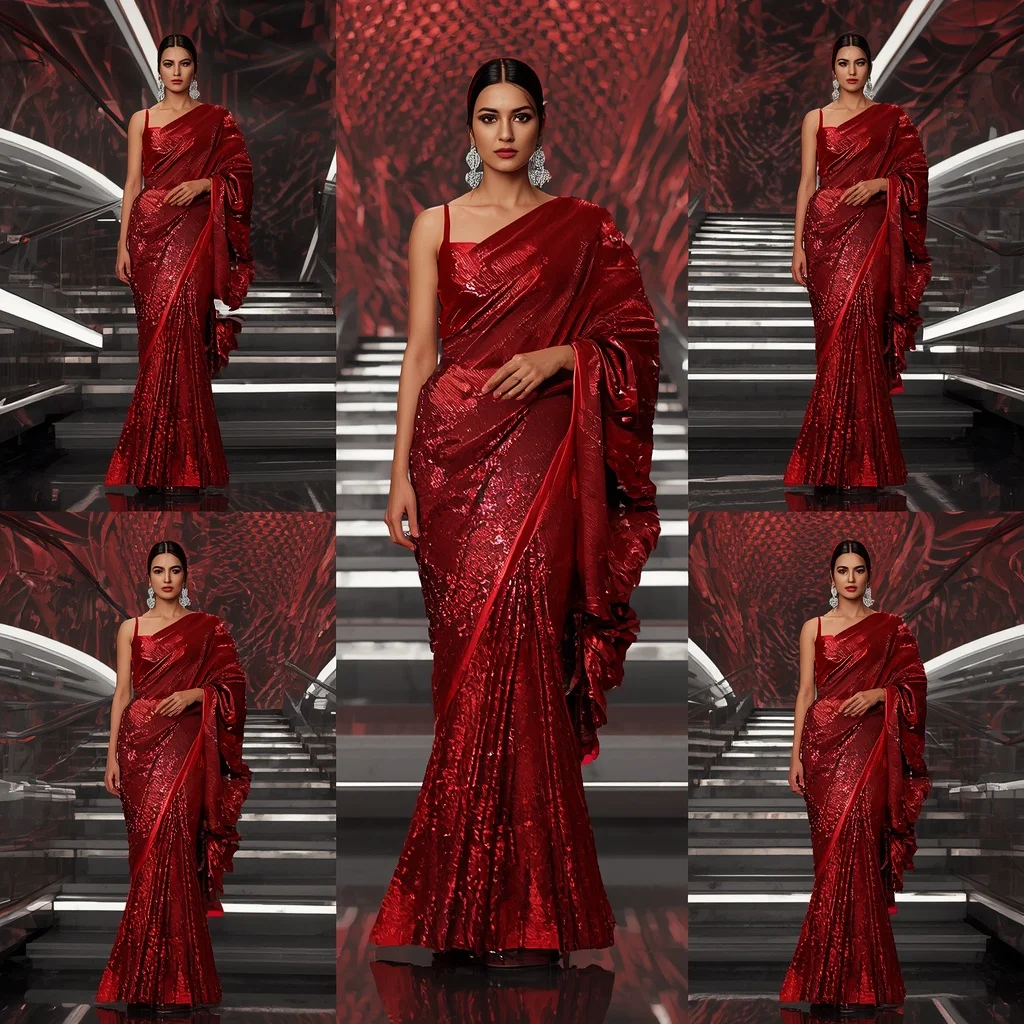 Ruby Chrome Festival Saree with Infinity Staircase Hall | Prompt Generator