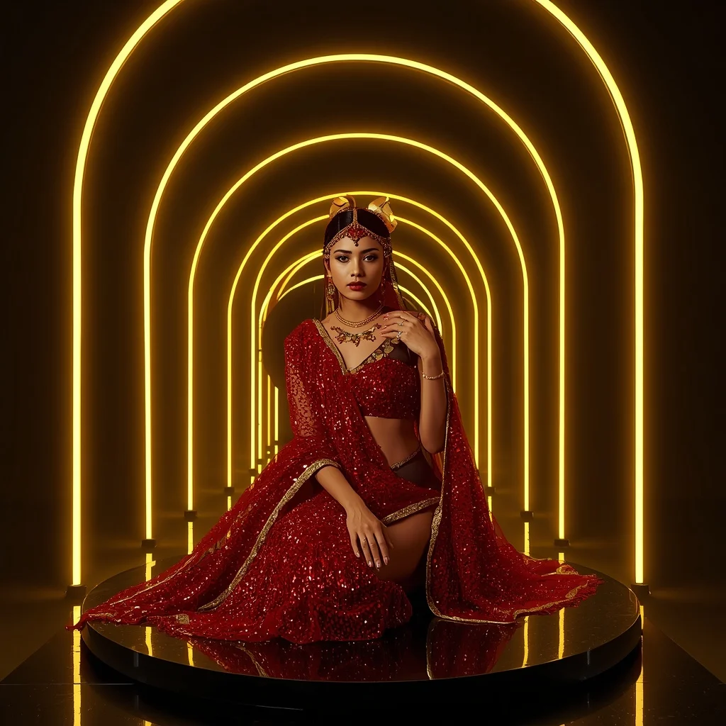 Ruby Crystal-Mesh Saree – Seated Sphinx Pose with Neon Yellow Arches | Prompt For Gemini AI Girl Model