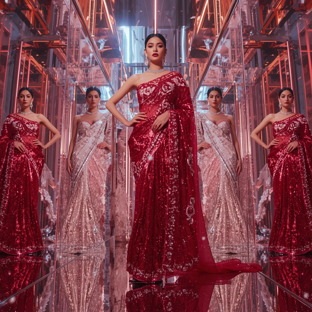 Ruby Crystal Mirage Saree with Infinity Glamour Poses and Holographic Mirror Universe | Fitness Model Ai Prompt