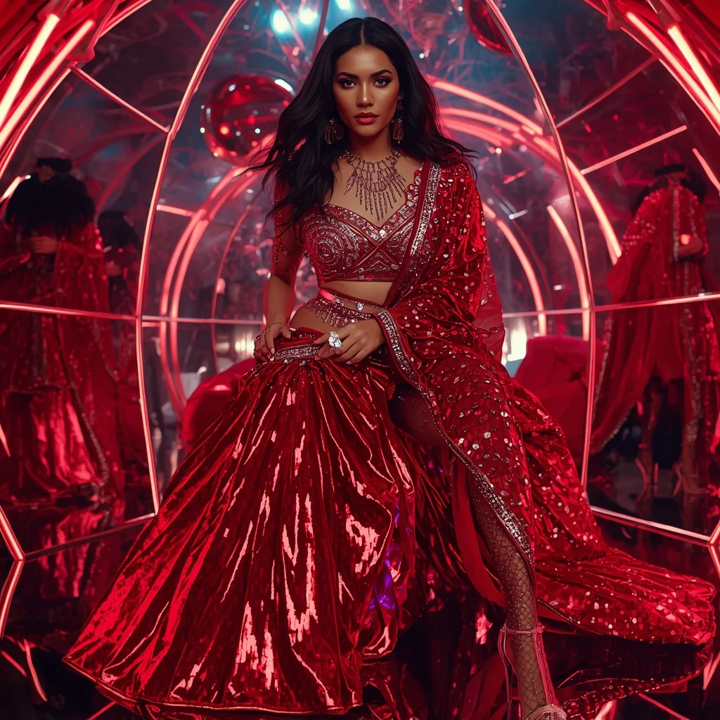 Ruby Crystal Royale Saree with Neon Reflection Dome | Chatgpt Prompt