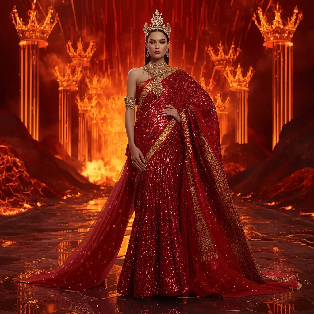 Ruby Crystal Volcano Saree with Floating Lava Crowns and Inferno Empire Boulevard | Desi Girl Ai Prompt