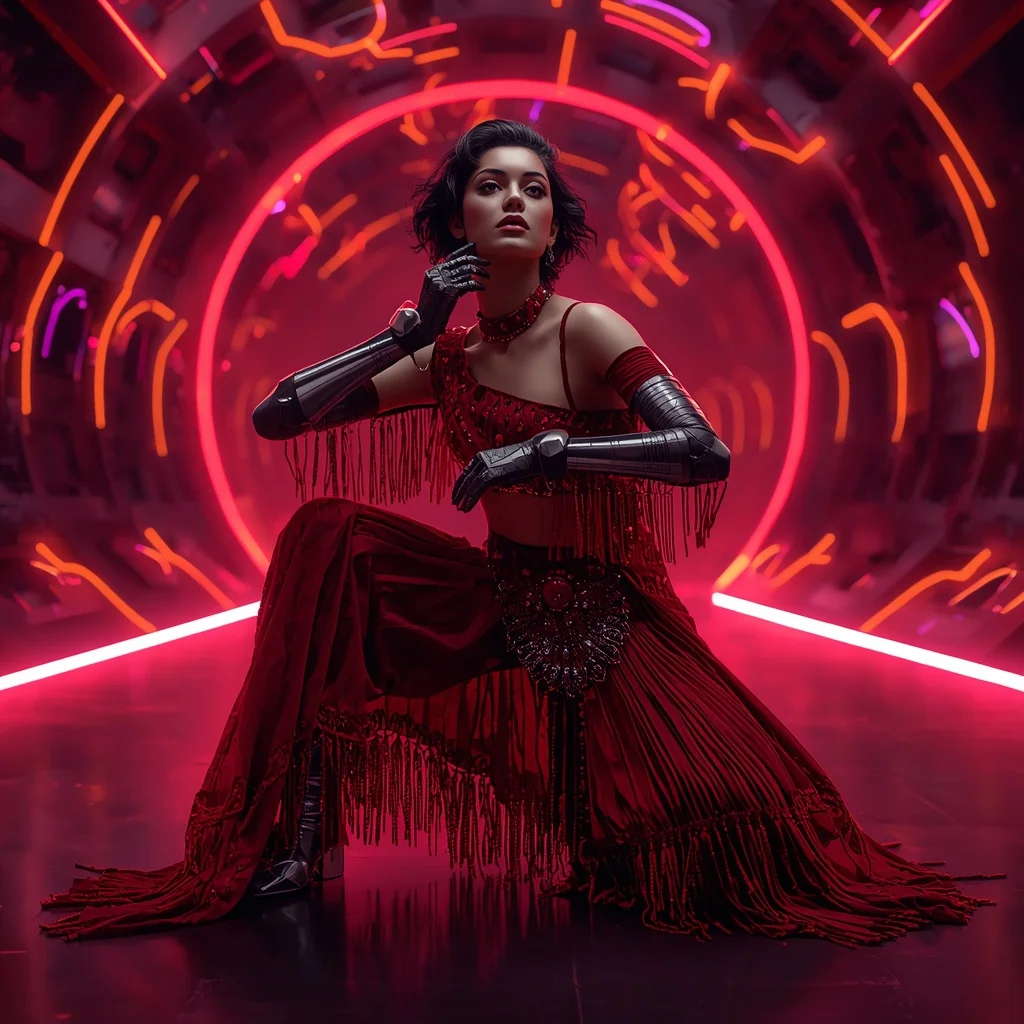 Ruby Eclipse Singularity Armor Saree with Neon Ribbon Quantum Tunnel Engine Vault Core Collapse Nexus Field System | Female Model Ai Prompt