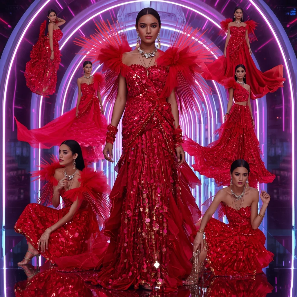 Ruby Flame Festival Saree with Floating Crystal Infinity Neon Boulevard | Gemini Ai Prompt Copy Paste