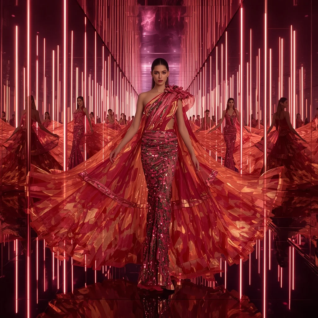 Ruby Galaxy Flame Saree with Floating Runway Poses and Neon Infinity Chamber | Instagram Post Ai Prompt