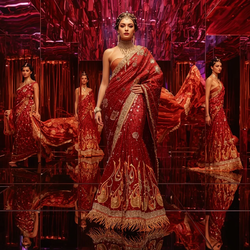 Ruby Inferno Crystal Empress Saree with Twenty Runway Poses and Prism Reflection Galaxy | Gemini Ai Prompt For Girl
