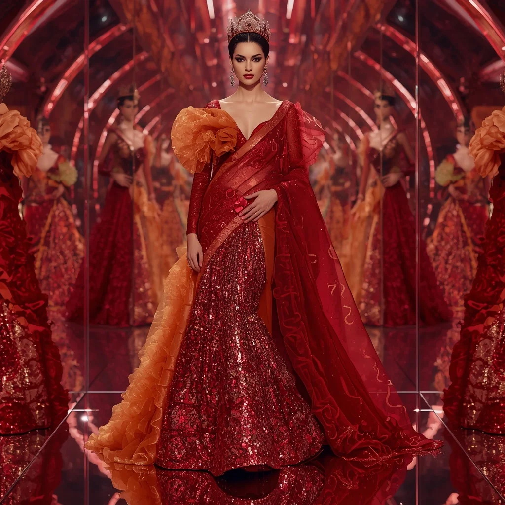 Ruby Inferno Eternal Queen Saree with Fifty Runway Poses and Prism Reflection Eternity Universe | Art Ai Prompt