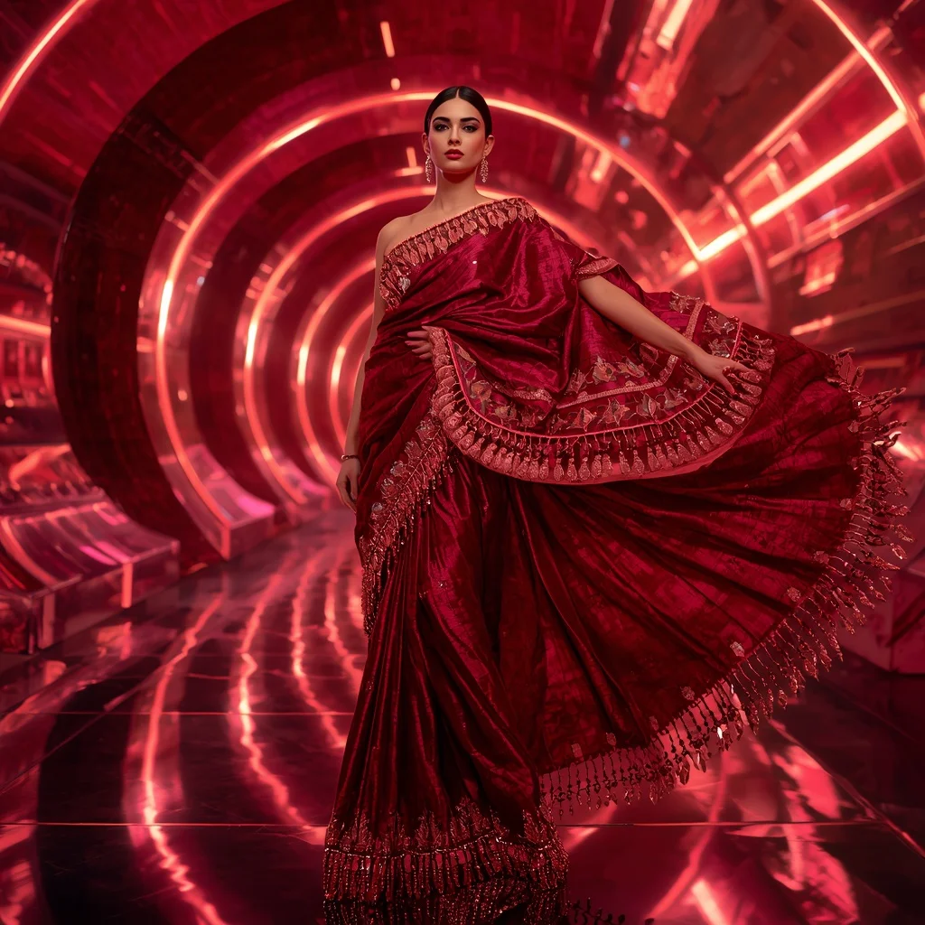 Ruby Inferno Metallic Saree with Floating Spiral Reflection Orbit Tunnels | Gemini Ai Prompt