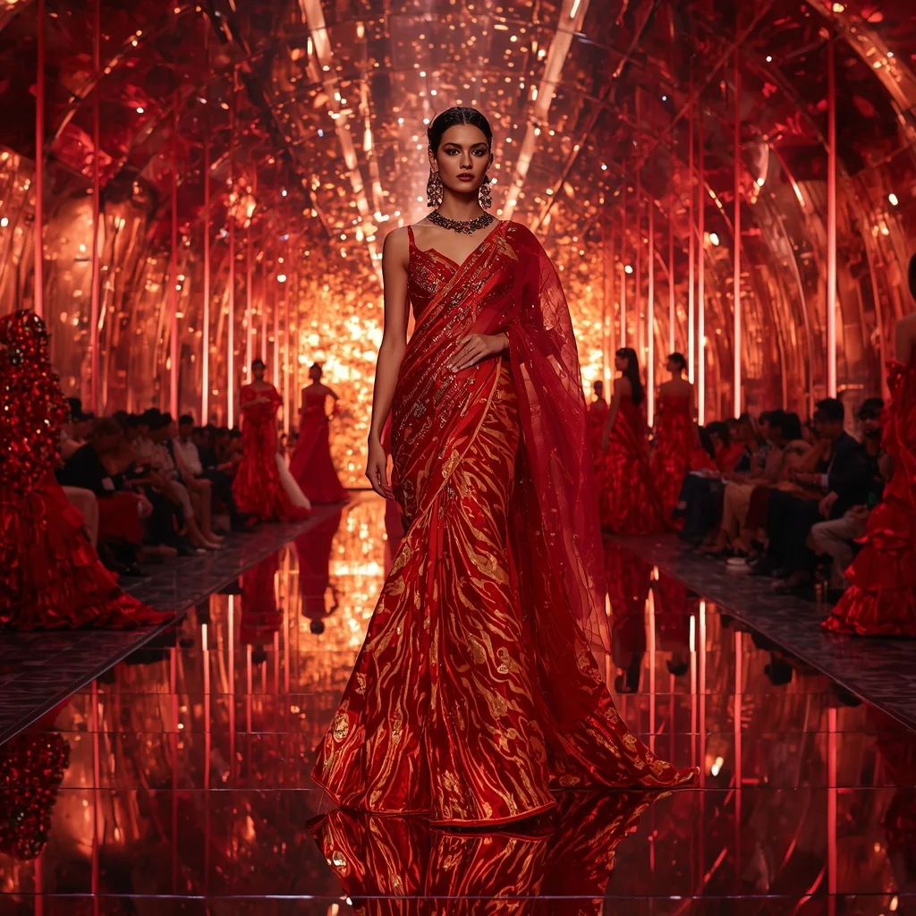 Ruby Inferno Supreme Eternity Saree with One Hundred Runway Poses and Prism Reflection Celestial Universe | Gemini Ai Photo