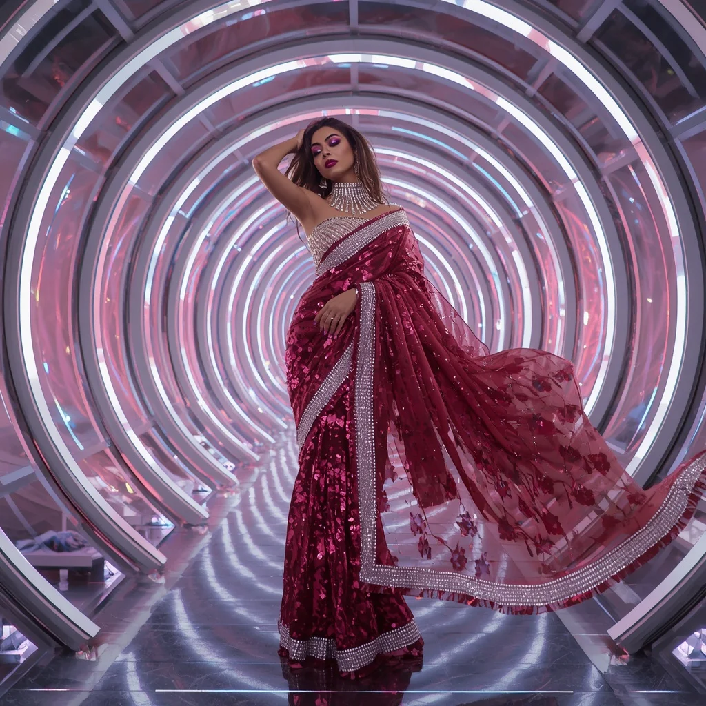 Ruby Mirage Helix Saree with Prism Orbit Sanctuary | Character Design Ai Prompt