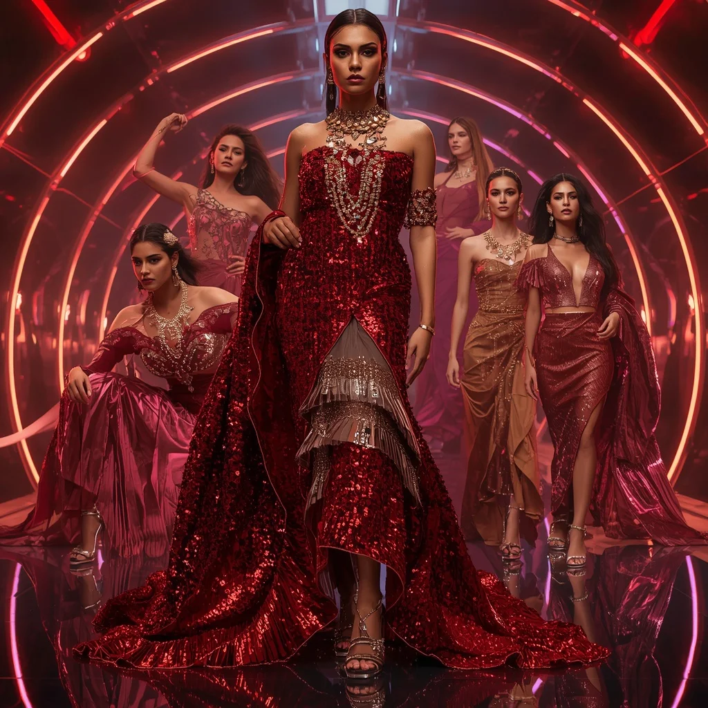 Ruby Neon Empress Saree with Eight Runway Poses and Crystal Orbit Tunnel | Ai Image Generator Prompt