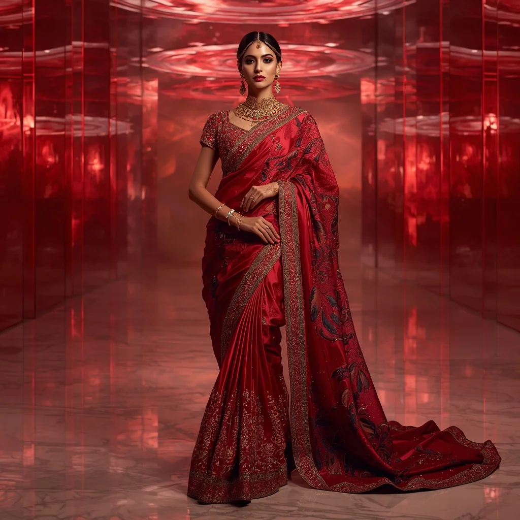 Ruby Phoenix Galaxy Saree – Heavy Bridal Glam Saree with Royal Pose and Phoenix Galaxy Kingdom Background | Gemini Ai Photo Prompt Copy Paste