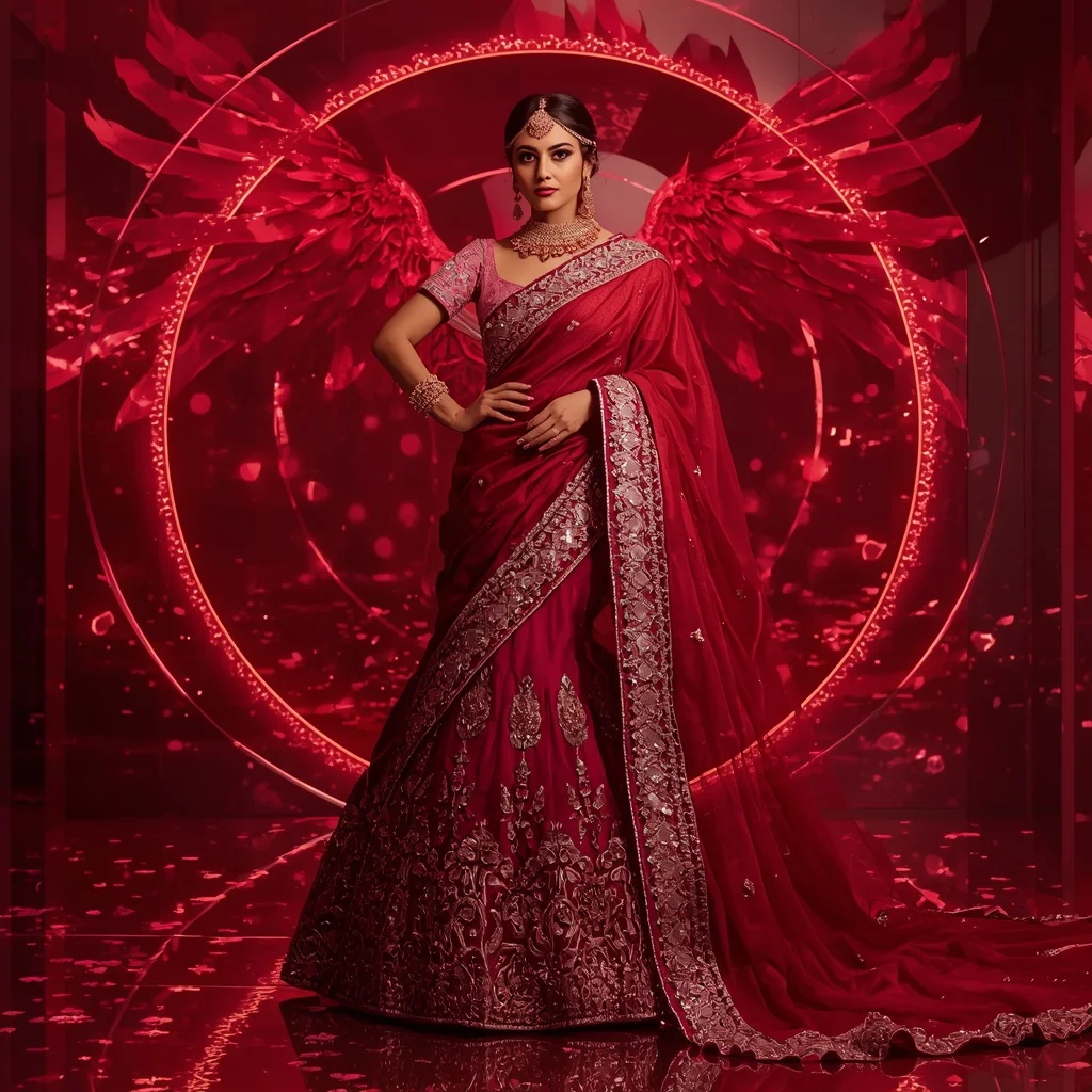 Ruby Phoenix Mirage Saree – Heavy Bridal Glam Saree with Royal Pose and Phoenix Mirage Kingdom Background | Anime Ai Prompt