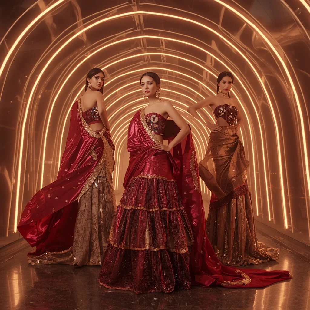 Ruby Prism Metallic Saree with Curved Neon Arc Corridor | Chatgpt Prompt